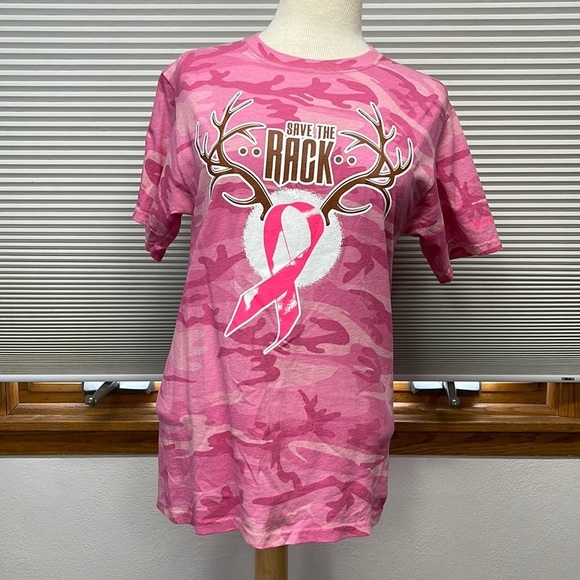 Port & Company Pink Camouflage Breast Cancer Ribbon Save the Rack T-shirt Small - Picture 1 of 8